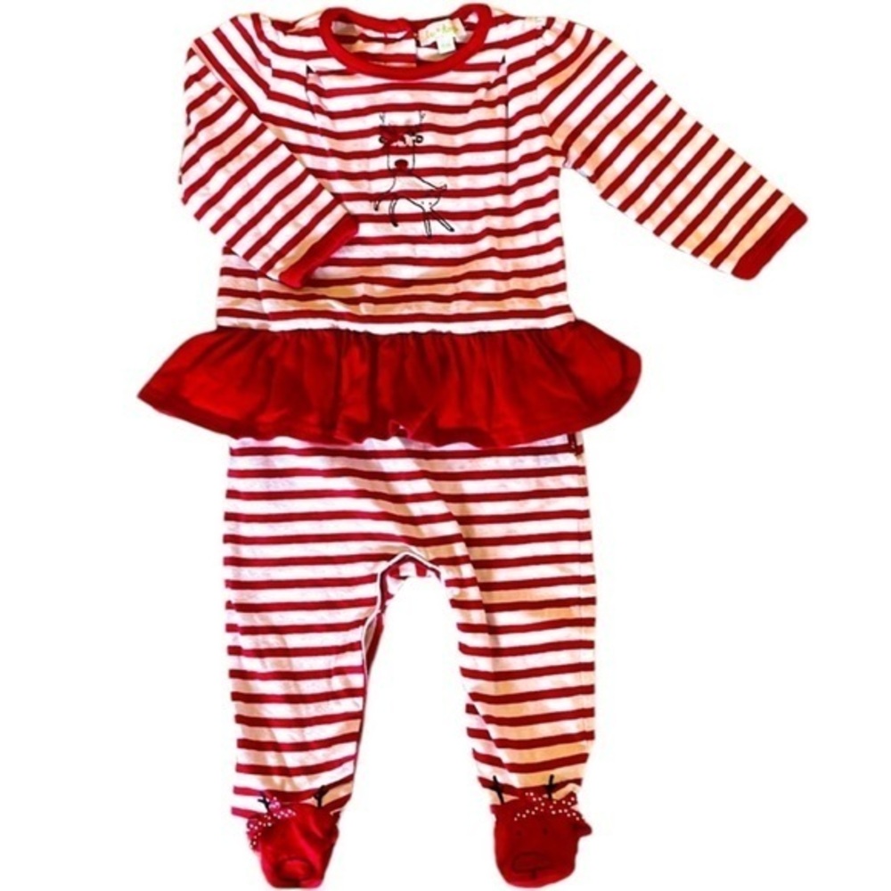 🎄🎅🎄Le‎ Top Bebe Red & White Candy Cane Stripe  Reindeer Footed PJs w/ Skirt